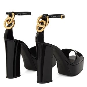 Giuseppe Zanotti Black Laila Ring Platform Sandals Gold Chain Accent Size 38/8